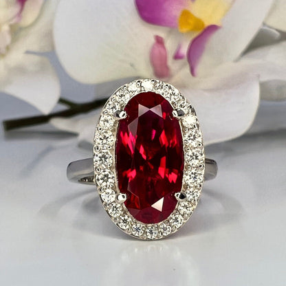 Elongated Oval Cut Engagement Ring / Red Ruby Wedding Ring / Moissanite Halo Ladies Ring / Anniversary Gift / 14k Yellow Gold / #6177