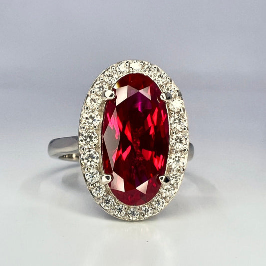 Elongated Oval Cut Engagement Ring / Red Ruby Wedding Ring / Moissanite Halo Ladies Ring / Anniversary Gift / 14k Yellow Gold / #6177