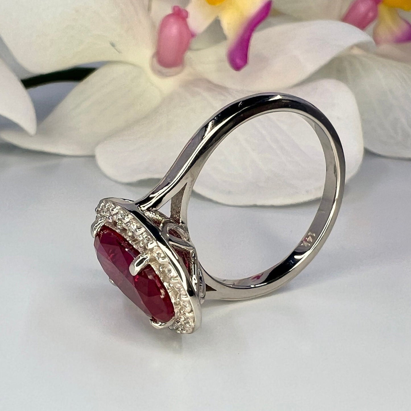 Elongated Oval Cut Engagement Ring / Red Ruby Wedding Ring / Moissanite Halo Ladies Ring / Anniversary Gift / 14k Yellow Gold / #6177