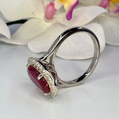 Elongated Oval Cut Engagement Ring / Red Ruby Wedding Ring / Moissanite Halo Ladies Ring / Anniversary Gift / 14k Yellow Gold / #6177