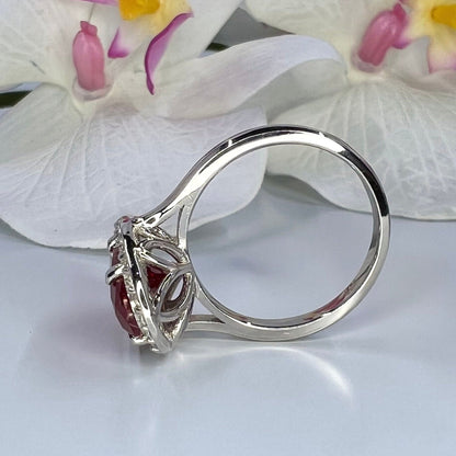 Elongated Oval Cut Engagement Ring / Red Ruby Wedding Ring / Moissanite Halo Ladies Ring / Anniversary Gift / 14k Yellow Gold / #6177