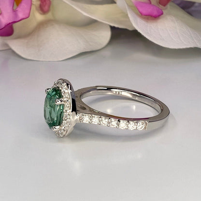 Oval green paraiba tourmaline engagement ring 14k gold, Moissanite oval halo engagement ring, Unique wedding anniversary promise ring, #8021