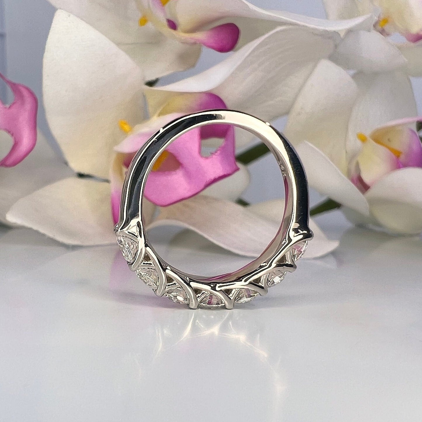 Moissanite Round Brilliant Seven Stone Anniversary Band For Her, Round Moissanite 14K White Gold Ladies Wedding Band, Mothers Ring    #6896