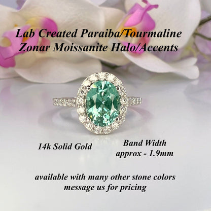 Oval green paraiba tourmaline engagement ring 14k gold, Moissanite oval halo engagement ring, Unique wedding anniversary promise ring, #8021