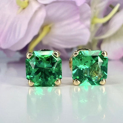 Radiant Cut Stud Earrings / Green Emerald Earrings / Screw Backs / 2.00ctw / 14k Yellow Gold / #6326