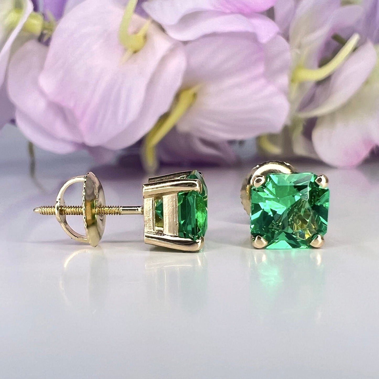 Radiant Cut Stud Earrings / Green Emerald Earrings / Screw Backs / 2.00ctw / 14k Yellow Gold / #6326