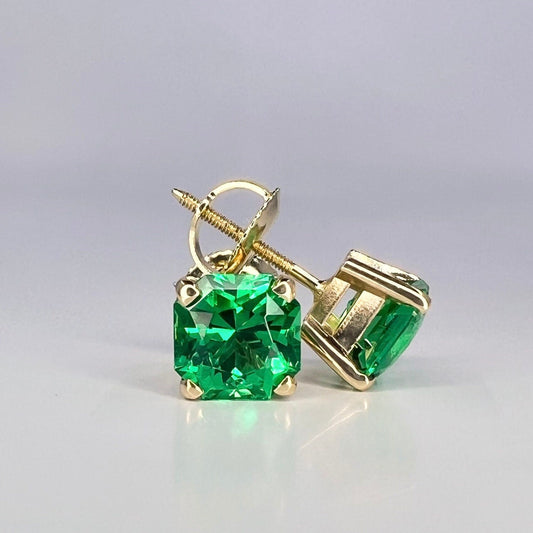 Radiant Cut Stud Earrings / Green Emerald Earrings / Screw Backs / 2.00ctw / 14k Yellow Gold / #6326