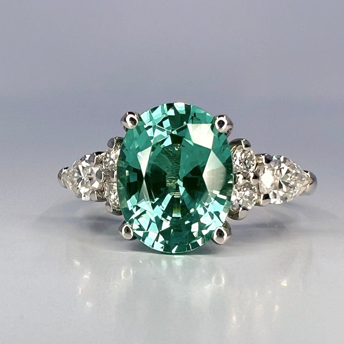 Oval cut teal green tourmaline ring 14K solid gold paraiba tourmaline engagement ring Unique vintage moissanite wedding ring for women #7997