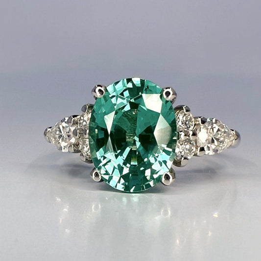 Oval cut teal green tourmaline ring 14K solid gold paraiba tourmaline engagement ring Unique vintage moissanite wedding ring for women #7997