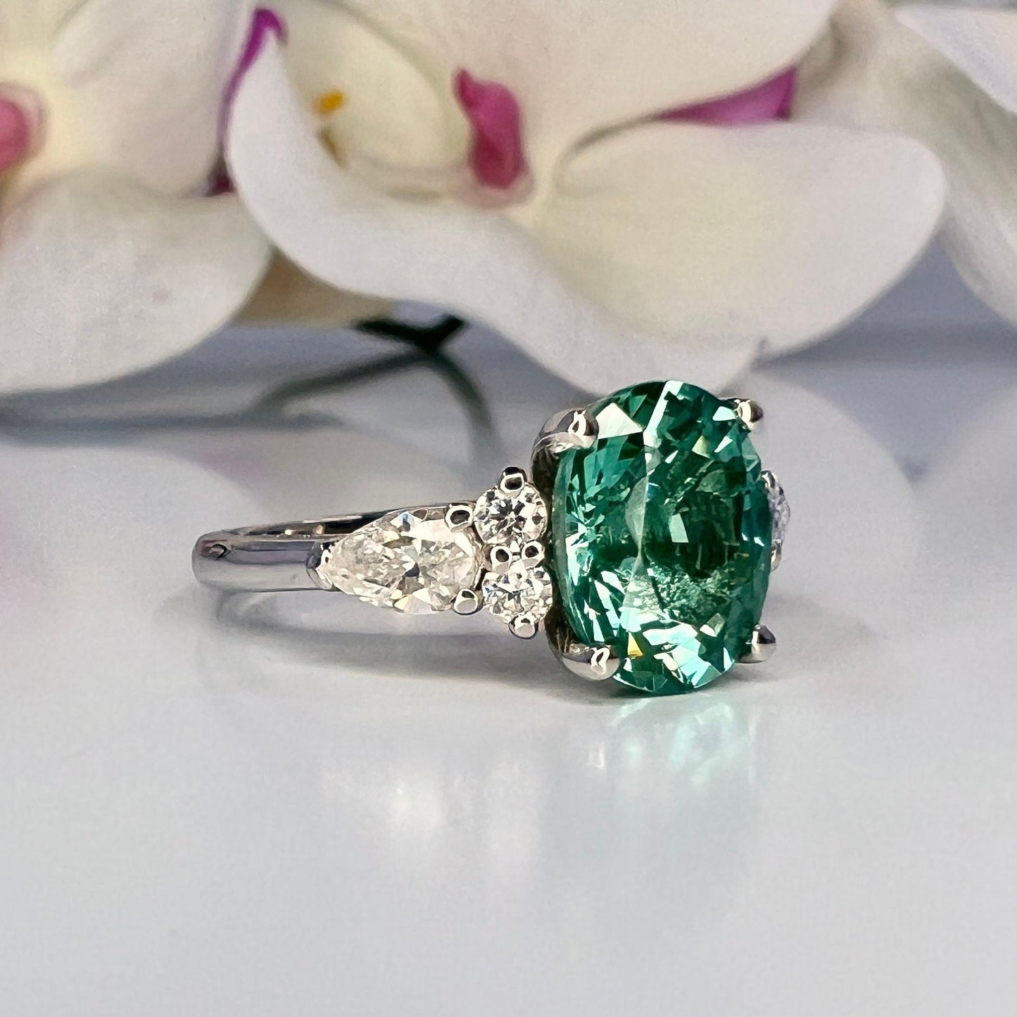 Oval cut teal green tourmaline ring 14K solid gold paraiba tourmaline engagement ring Unique vintage moissanite wedding ring for women #7997