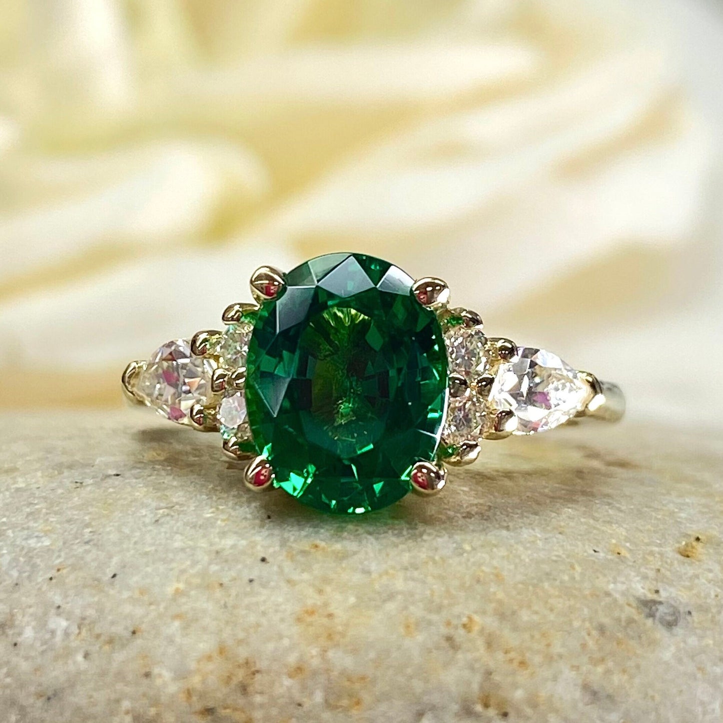 Oval Cut Emerald Engagement Ring, 14k Gold Oval Cut Emerald And Pear Moissanite Wedding Ring, Pear And Round Cluster Moissanite Ring  #7142