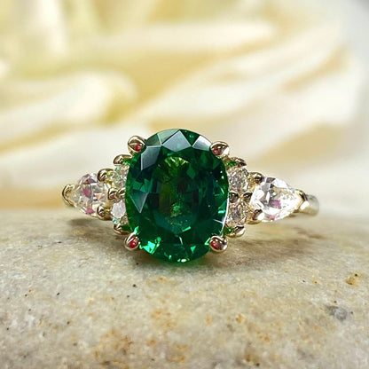 Oval Cut Emerald Engagement Ring, 14k Gold Oval Cut Emerald And Pear Moissanite Wedding Ring, Pear And Round Cluster Moissanite Ring  #7142