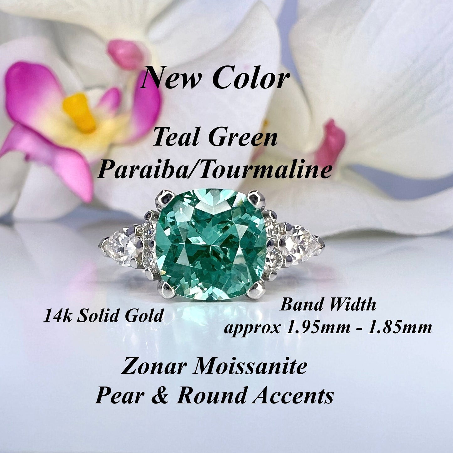 Cushion cut teal green tourmaline ring, 14K solid gold paraiba tourmaline engagement ring Unique vintage moissanite wedding ring women #7998