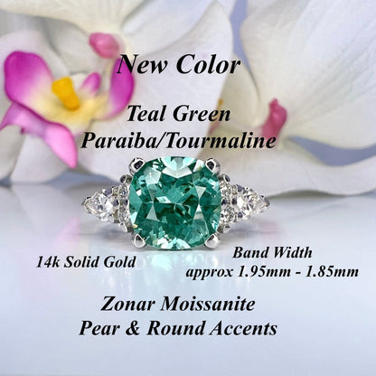 Cushion cut teal green tourmaline ring, 14K solid gold paraiba tourmaline engagement ring Unique vintage moissanite wedding ring women #7998