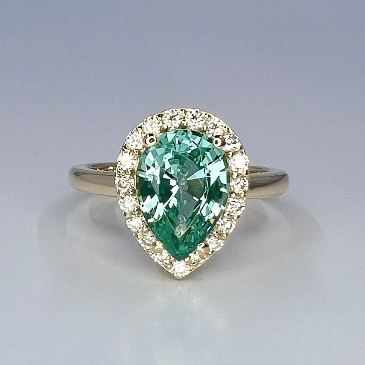 Teal Paraiba Tourmaline Engagement Ring 14K White Gold, Pear Shaped Halo Wedding Ring  Moissanite Halo Ring, Solitaire wedding ring,  #7993