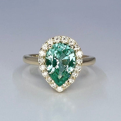 Teal Paraiba Tourmaline Engagement Ring 14K White Gold, Pear Shaped Halo Wedding Ring  Moissanite Halo Ring, Solitaire wedding ring,  #7993