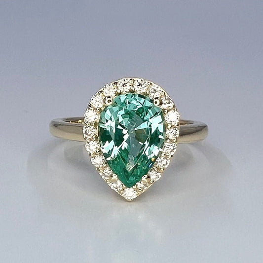 Teal Paraiba Tourmaline Engagement Ring 14K White Gold, Pear Shaped Halo Wedding Ring  Moissanite Halo Ring, Solitaire wedding ring,  #7993