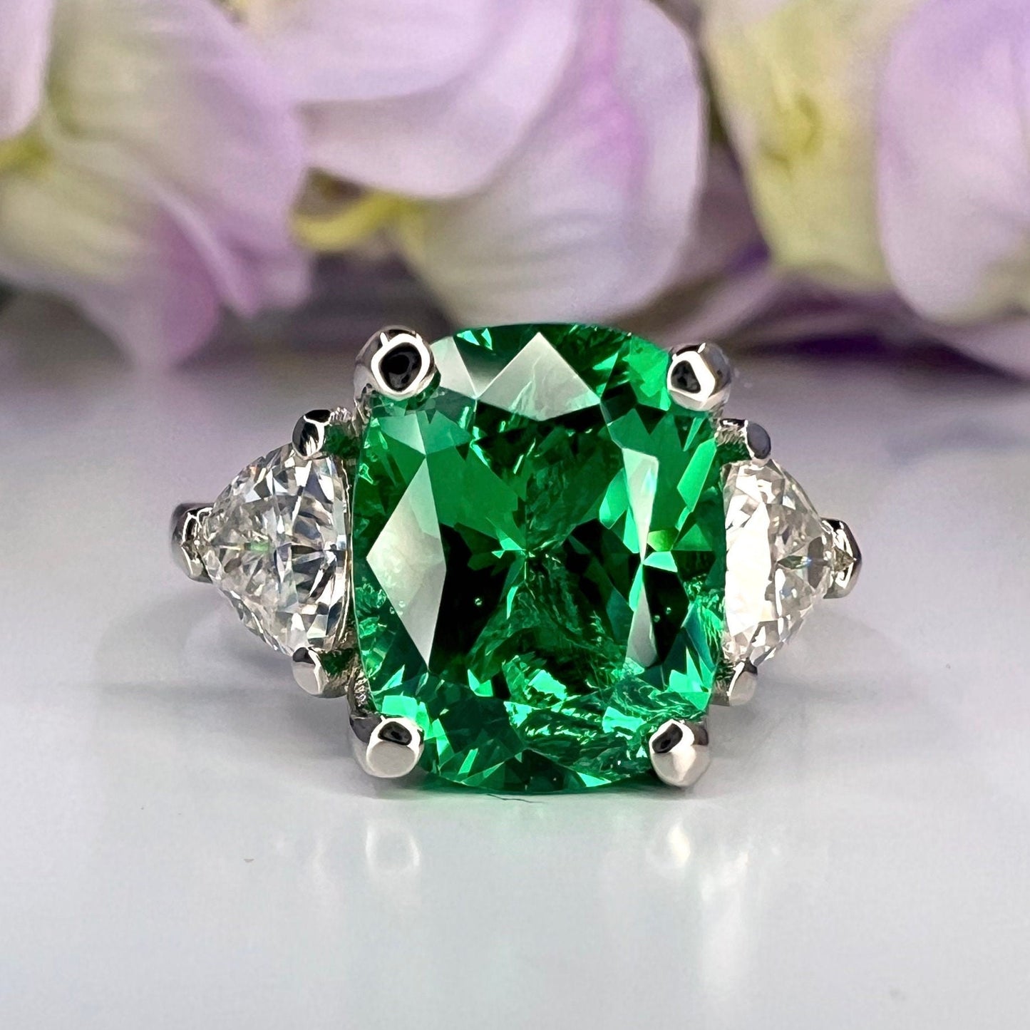 Elongated cushion cut emerald engagement ring with moissanite trillions 14k white gold Unique three stone emerald wedding promise ring #5514