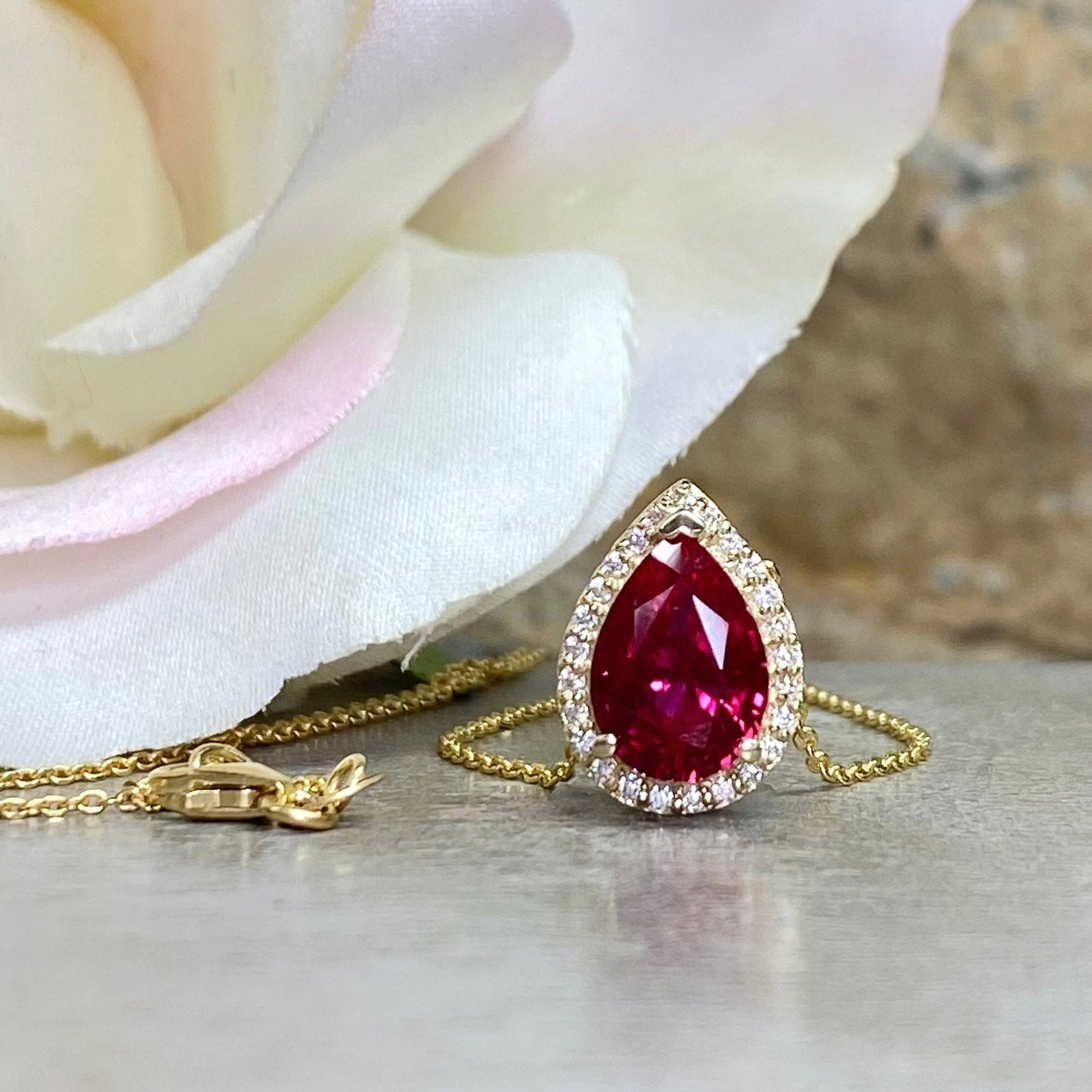 Ruby Pear and Moissanite Halo Pendant Necklace 14K Yellow Gold  Pear Shaped Ruby Pendant For Ladies Unique Pear Ruby Necklace Pendant  #7289