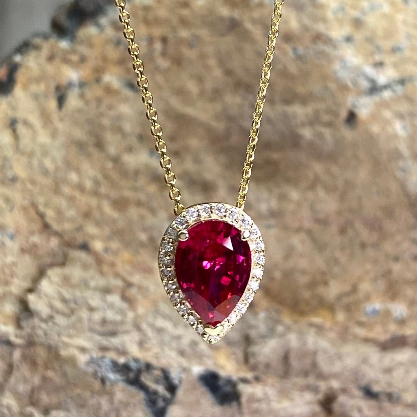 Ruby Pear and Moissanite Halo Pendant Necklace 14K Yellow Gold  Pear Shaped Ruby Pendant For Ladies Unique Pear Ruby Necklace Pendant  #7289