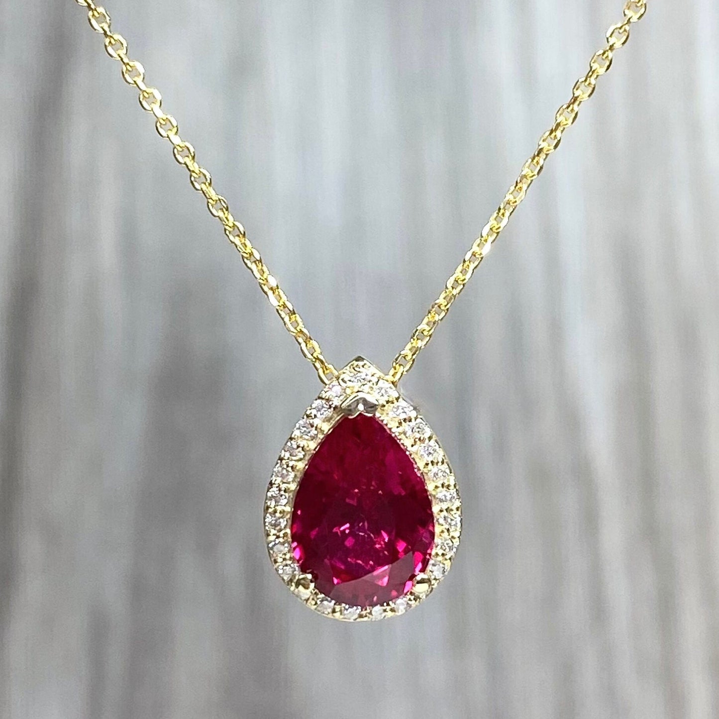 Ruby Pear and Moissanite Halo Pendant Necklace 14K Yellow Gold  Pear Shaped Ruby Pendant For Ladies Unique Pear Ruby Necklace Pendant  #7289