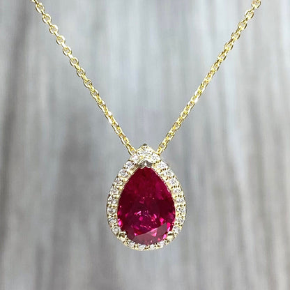 Ruby Pear and Moissanite Halo Pendant Necklace 14K Yellow Gold  Pear Shaped Ruby Pendant For Ladies Unique Pear Ruby Necklace Pendant  #7289