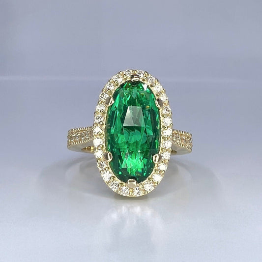 Elongated oval rose cut green emerald, diamond halo, engagement ring, 5.50ctw, 14k yellow gold
