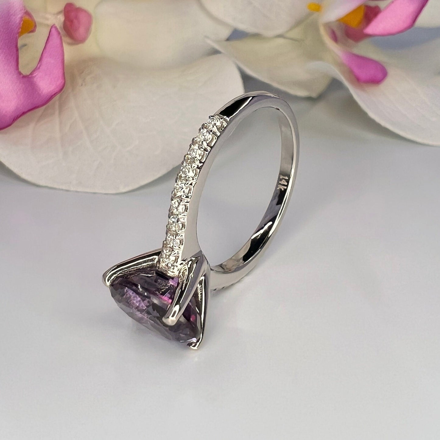Oval Cut Engagement Ring / Alexandrite Wedding Ring / Alexandrite and Moissanite Ring / 14k White Gold / #6215