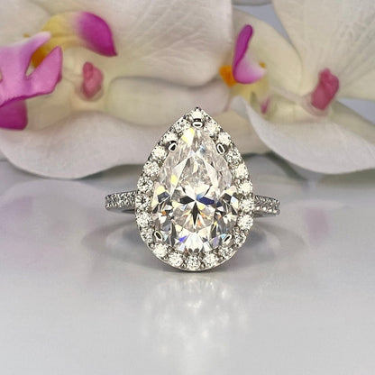 Pear shaped ring 14k solid gold, Pear shaped moissanite halo engagement ring, Teardrop shaped ring, Unique wedding promise anniversary ring