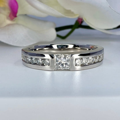 Men's Wedding Band, Men's Princess Cut Diamond Wedding Band  White Gold Matching Wedding Band Promise Ring Anniversary Ring  #7468