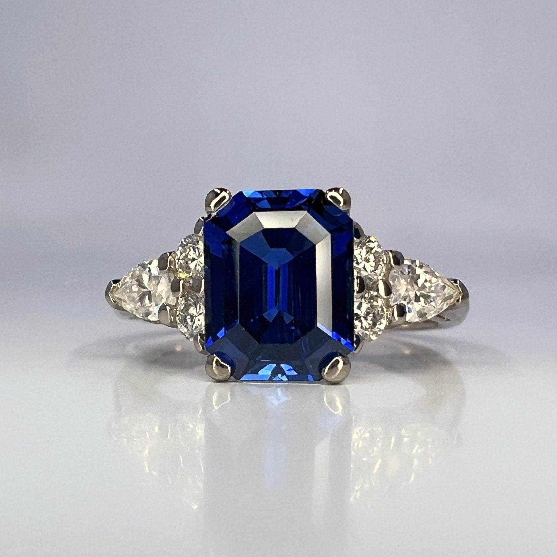 Blue Sapphire Engagement Ring White Gold, Unique Vintage