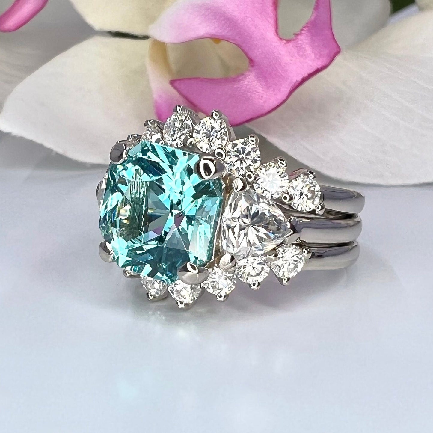 Paraiba Tourmaline Engagement Ring And Moissanite Accents 14K Yellow Gold, Radiant Cut Paraiba Tourmaline With Trillion Sides, #6927