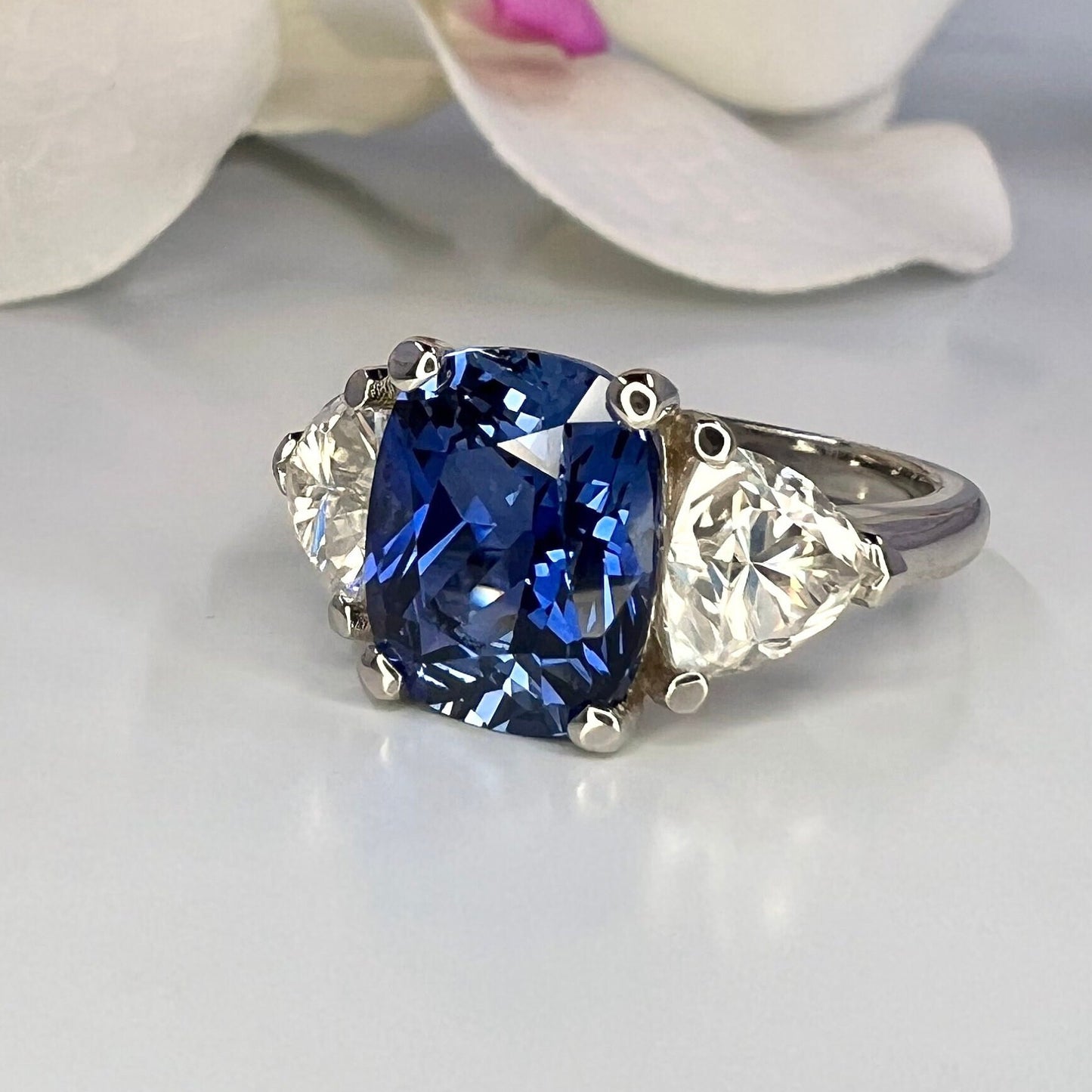 Elongated Cushion Cut Blue Sapphire Engagement Ring and Moissanite Trillion Accents, Blue Sapphire and Moissanite Ring  14K White Gold #6800