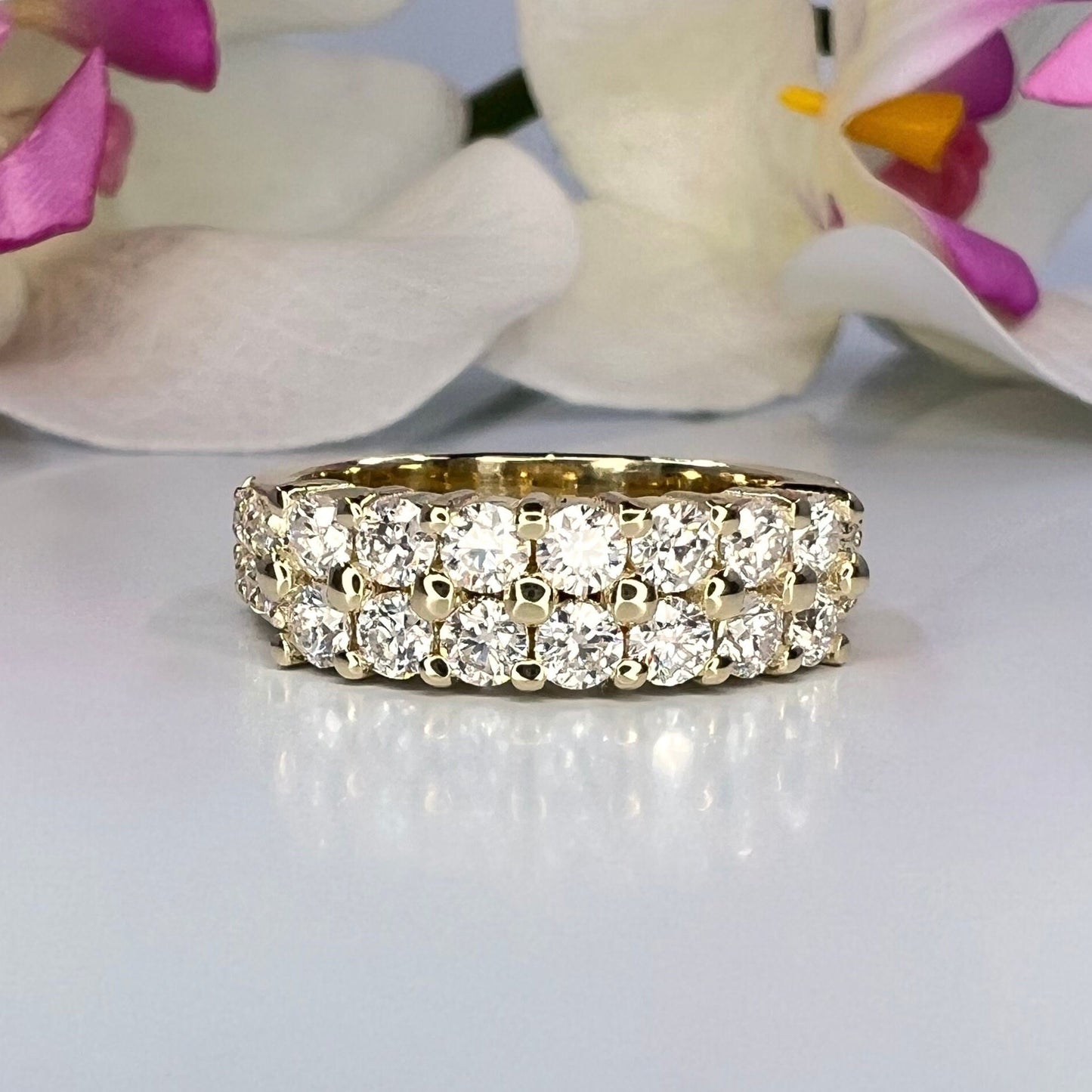 Diamond wedding band 14k solid gold, two row diamond anniversary band unique diamond half eternity wedding band, stacking diamond band #8013