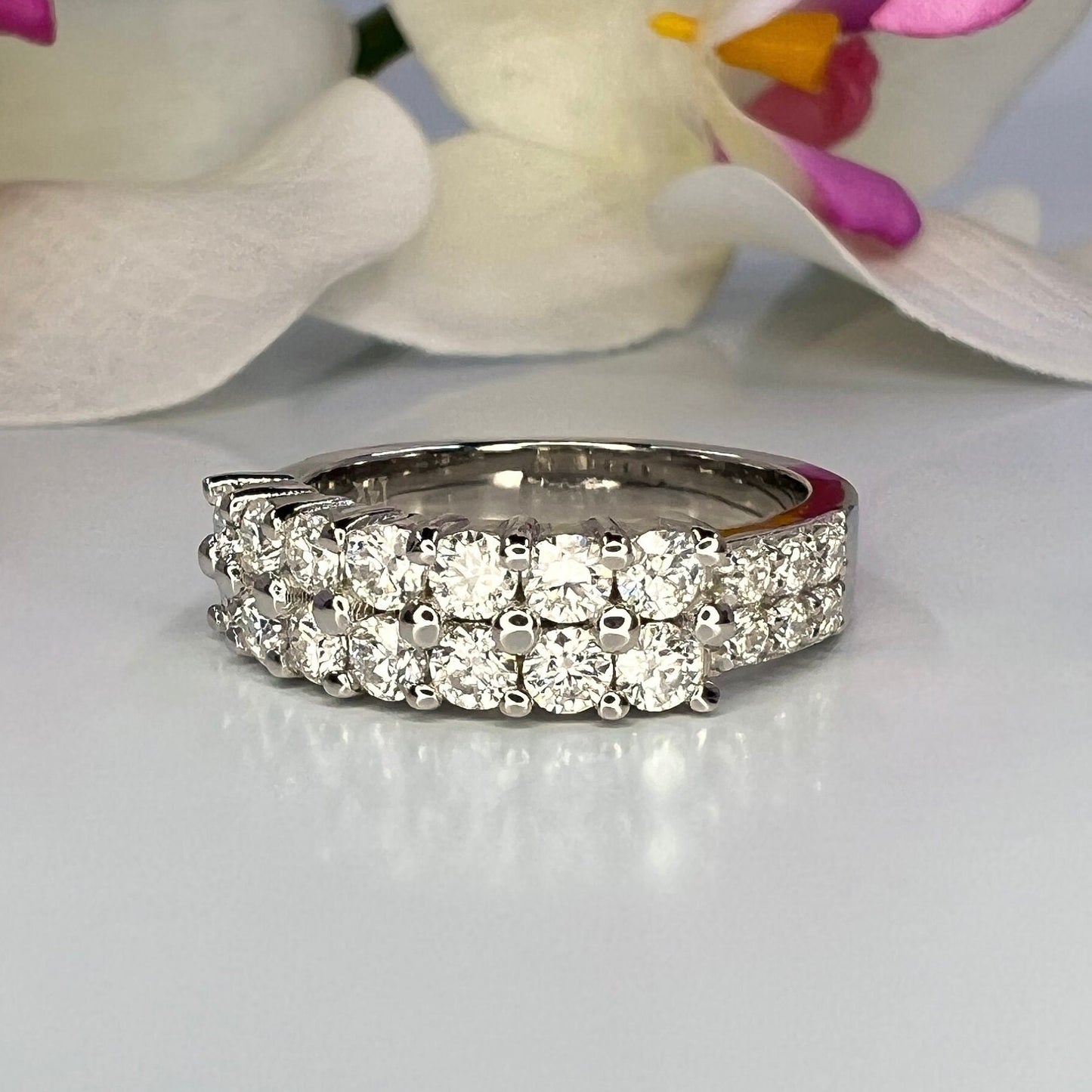 Diamond wedding band 14k solid gold, two row diamond anniversary band unique diamond half eternity wedding band, stacking diamond band #8013
