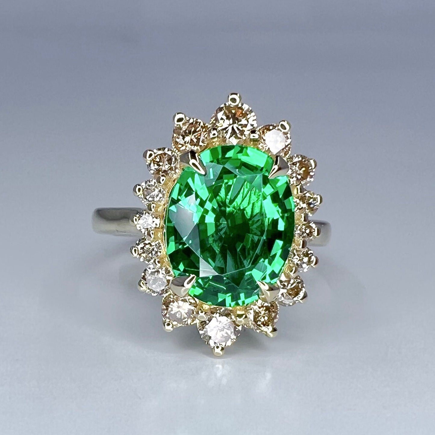 Emerald Engagement Ring With Champagne Color Diamonds Set In A Halo Design In 14K Yellow Gold 6604