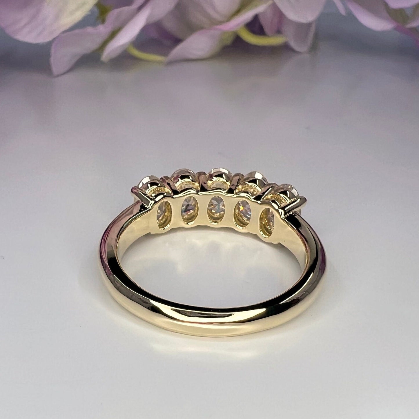 Certified Moissanite Oval 5 Stone Wedding Ring For Ladies, 14K White Gold Moissanite Anniversary Band  For Her, April Birthstone Ring