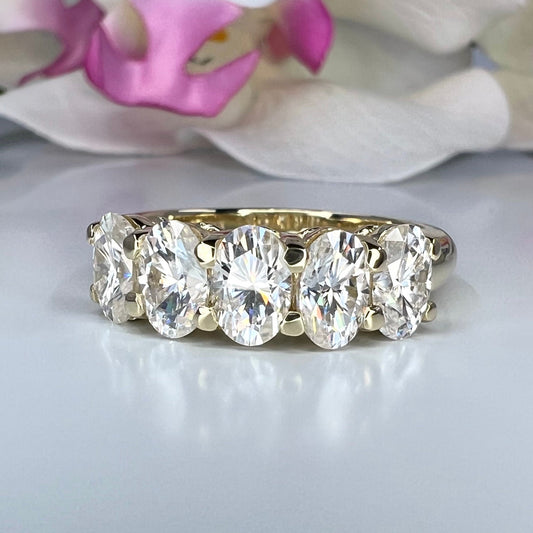 Certified Moissanite Oval 5 Stone Wedding Ring For Ladies, 14K White Gold Moissanite Anniversary Band  For Her, April Birthstone Ring
