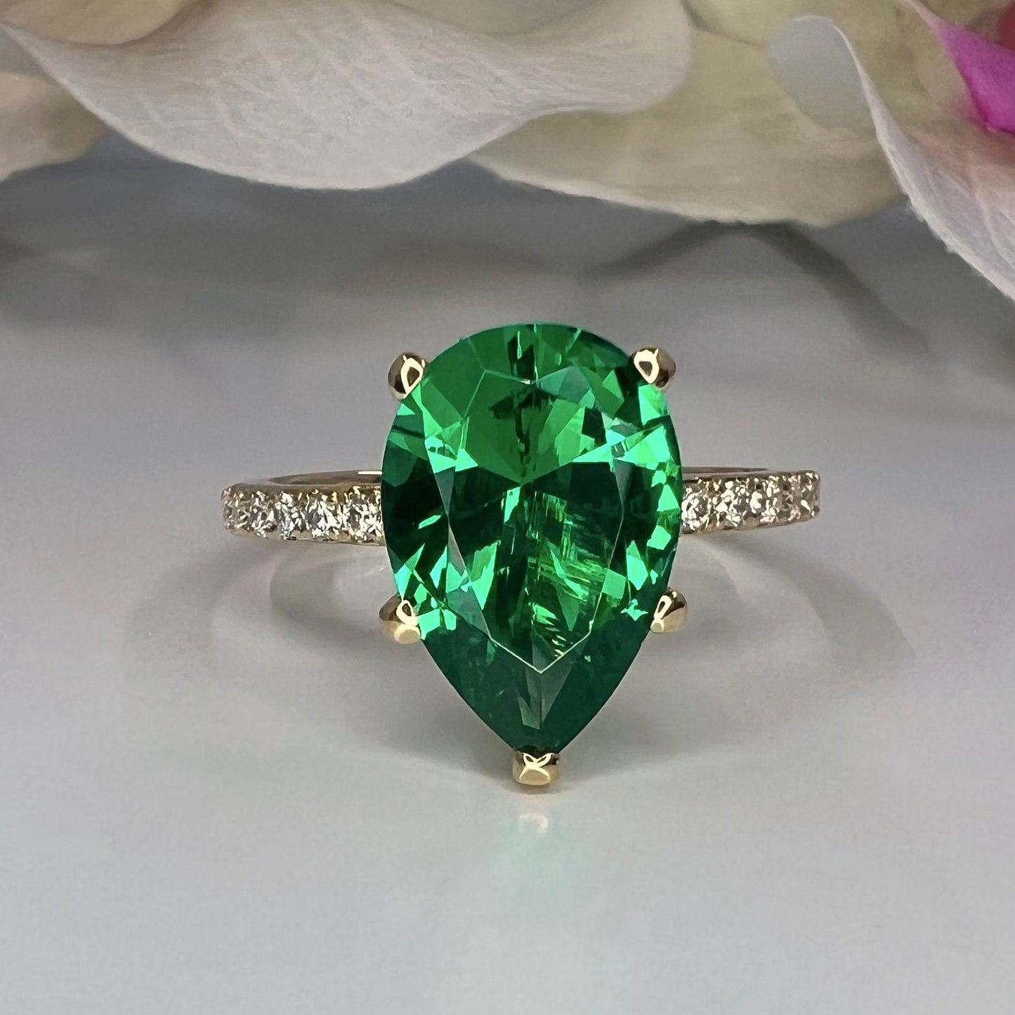 Pear Shape Emerald And Moissanite Engagement Ring, Green Emerald Pear Wedding Ring, Large Pear Shape And Moissanite Accents Ladies Ring 6178