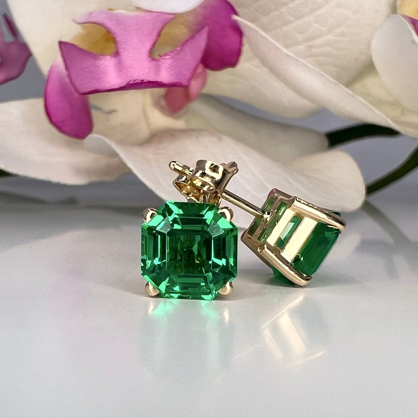 Asscher Cut Emerald Stud Earrings, 3.50ctw 14k Gold Emerald Earrings For Her, Asscher Cut Emerald May Birthstone Unisex Stud Earrings