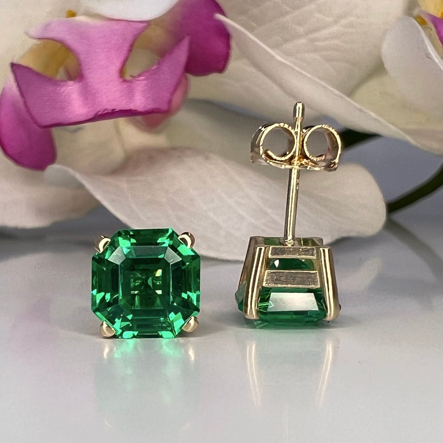 Asscher Cut Emerald Stud Earrings, 3.50ctw 14k Gold Emerald Earrings For Her, Asscher Cut Emerald May Birthstone Unisex Stud Earrings