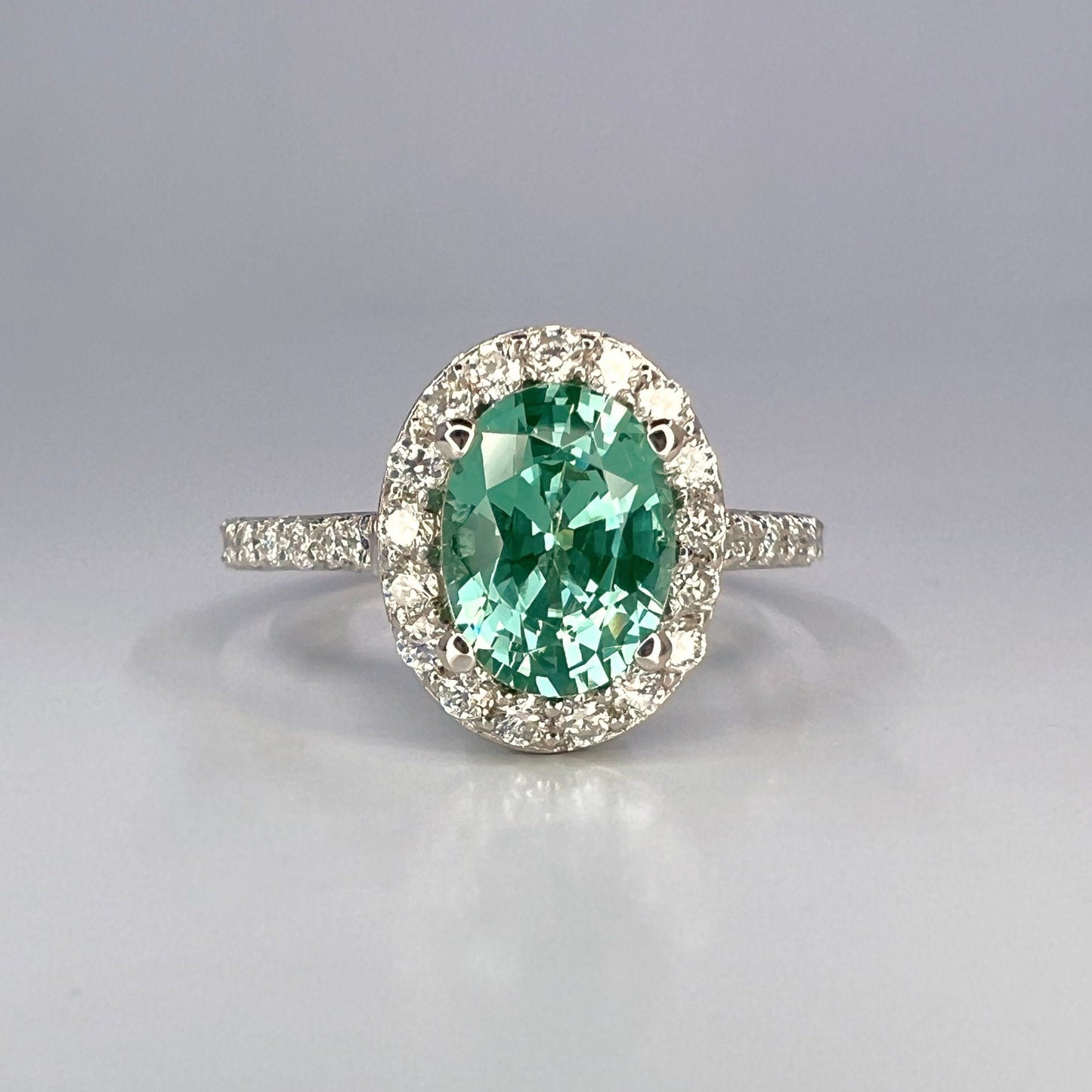 Oval green paraiba tourmaline engagement ring 14k gold, Moissanite oval halo engagement ring, Unique wedding anniversary promise ring, #8021