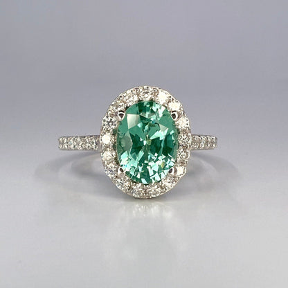 Oval green paraiba tourmaline engagement ring 14k gold, Moissanite oval halo engagement ring, Unique wedding anniversary promise ring, #8021