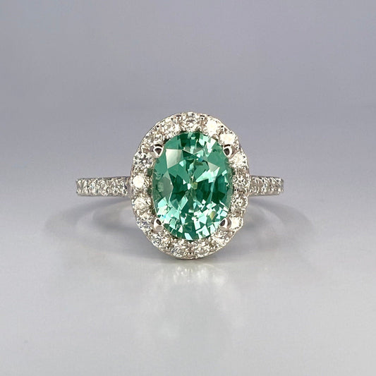 Oval green paraiba tourmaline engagement ring 14k gold, Moissanite oval halo engagement ring, Unique wedding anniversary promise ring, #8021