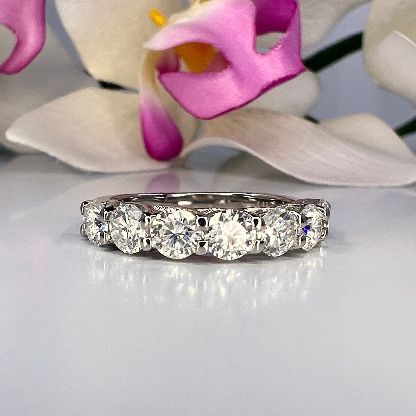 Moissanite Round Brilliant Seven Stone Anniversary Band For Her, Round Moissanite 14K White Gold Ladies Wedding Band, Mothers Ring    #6896