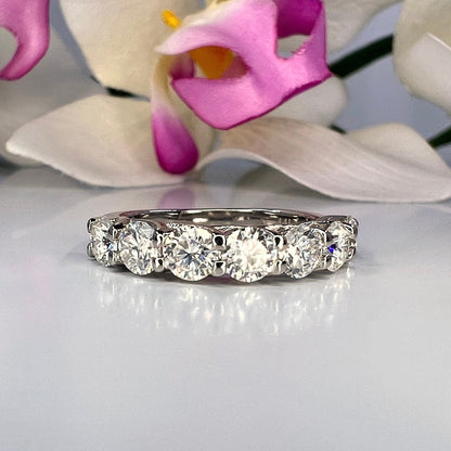 Moissanite Round Brilliant Seven Stone Anniversary Band For Her, Round Moissanite 14K White Gold Ladies Wedding Band, Mothers Ring    #6896