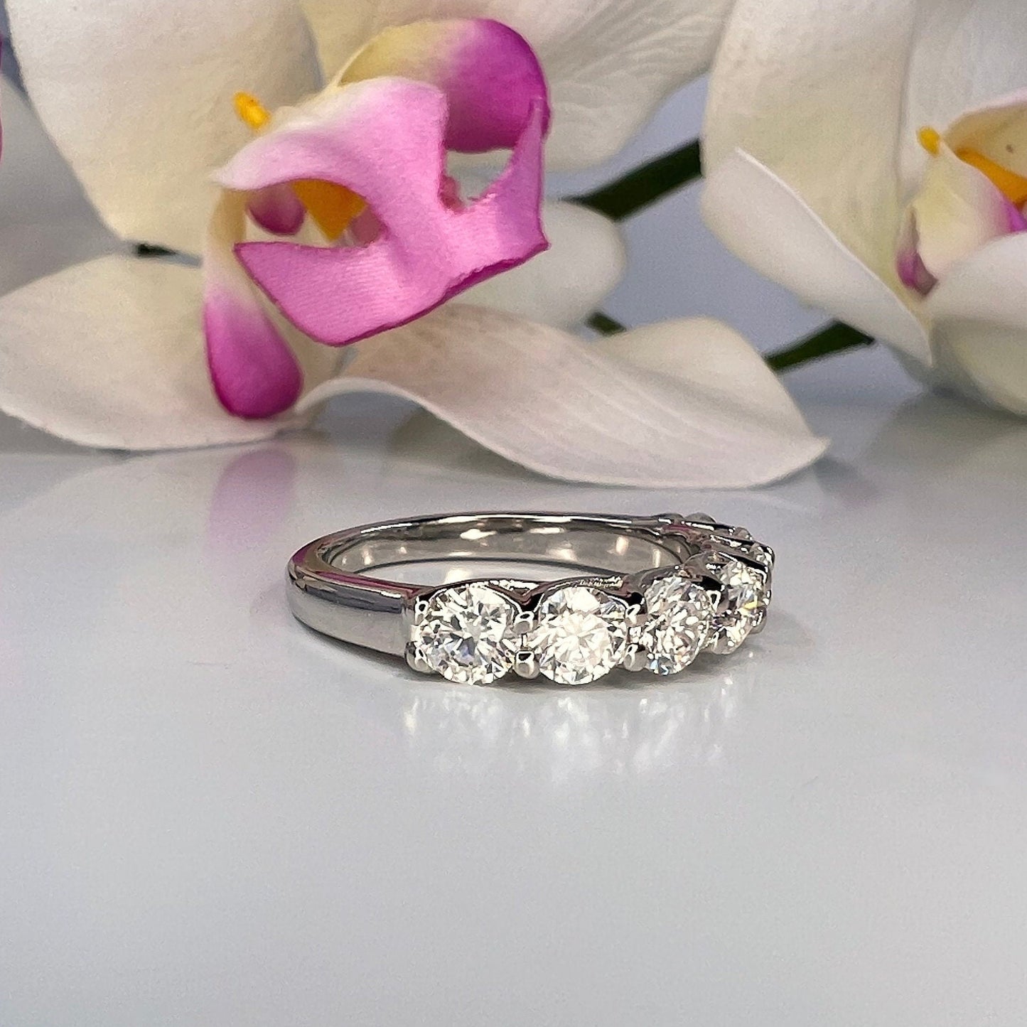 Moissanite Round Brilliant Seven Stone Anniversary Band For Her, Round Moissanite 14K White Gold Ladies Wedding Band, Mothers Ring    #6896