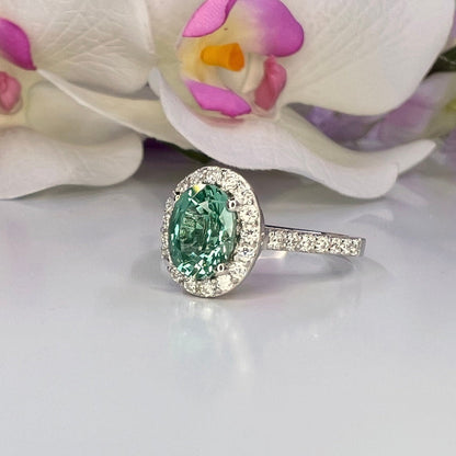 Oval green paraiba tourmaline engagement ring 14k gold, Moissanite oval halo engagement ring, Unique wedding anniversary promise ring, #8021
