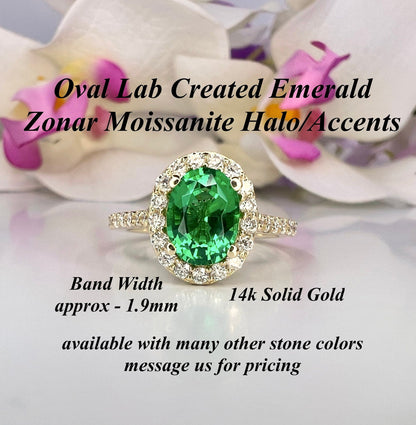 Oval green emerald engagement ring 14k solid gold, Moissanite oval halo engagement ring, Unique wedding anniversary promise ring women #8020
