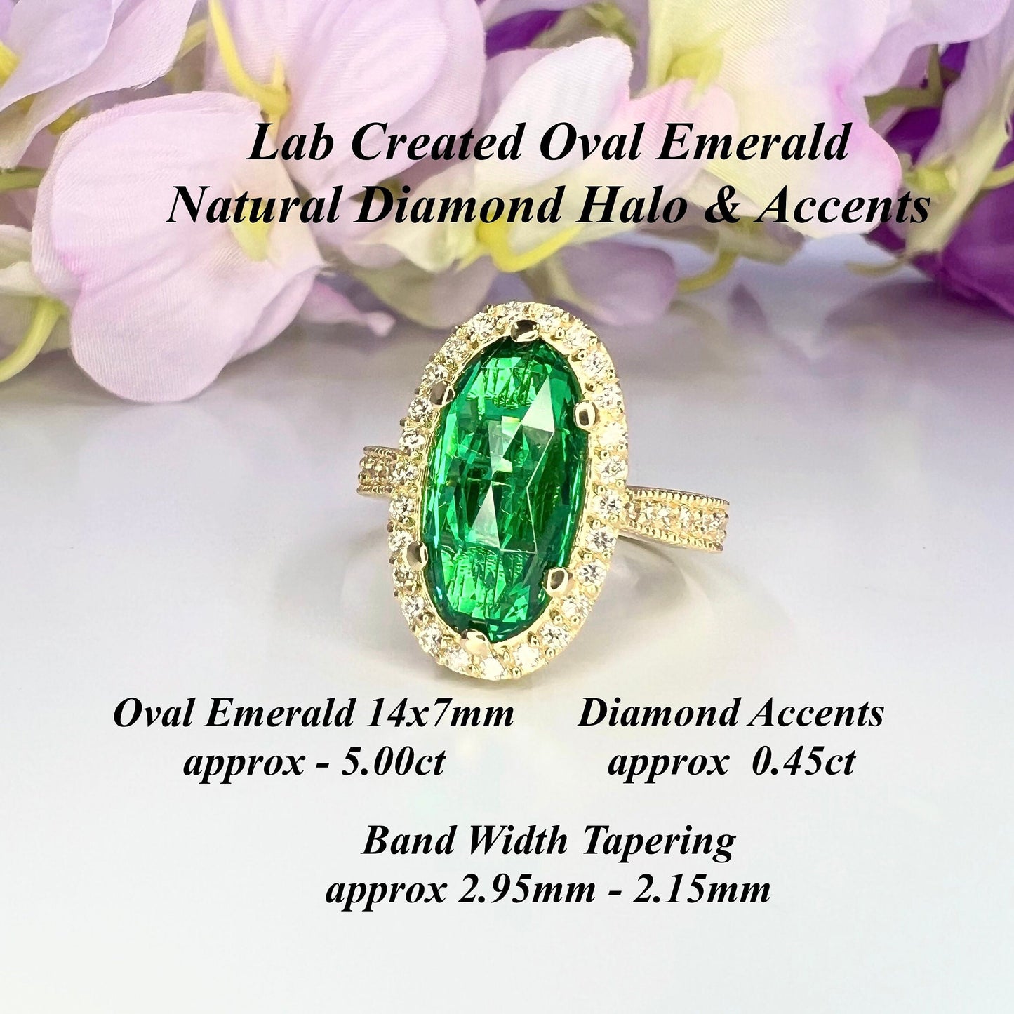 Elongated oval rose cut green emerald, diamond halo, engagement ring, 5.50ctw, 14k yellow gold